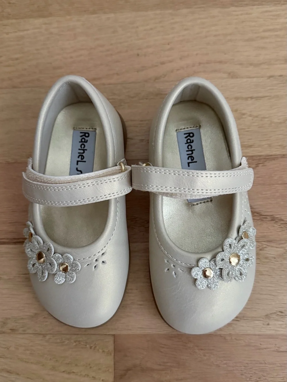 Rachel Shoes Beige Pearl Girls Mary Jane Flats with Floral Gems